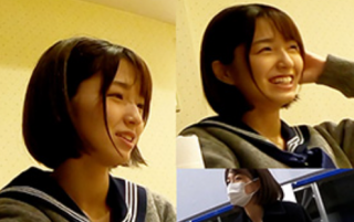 Innocent smiling school girl with innocent smile with cute black hair short idol class
